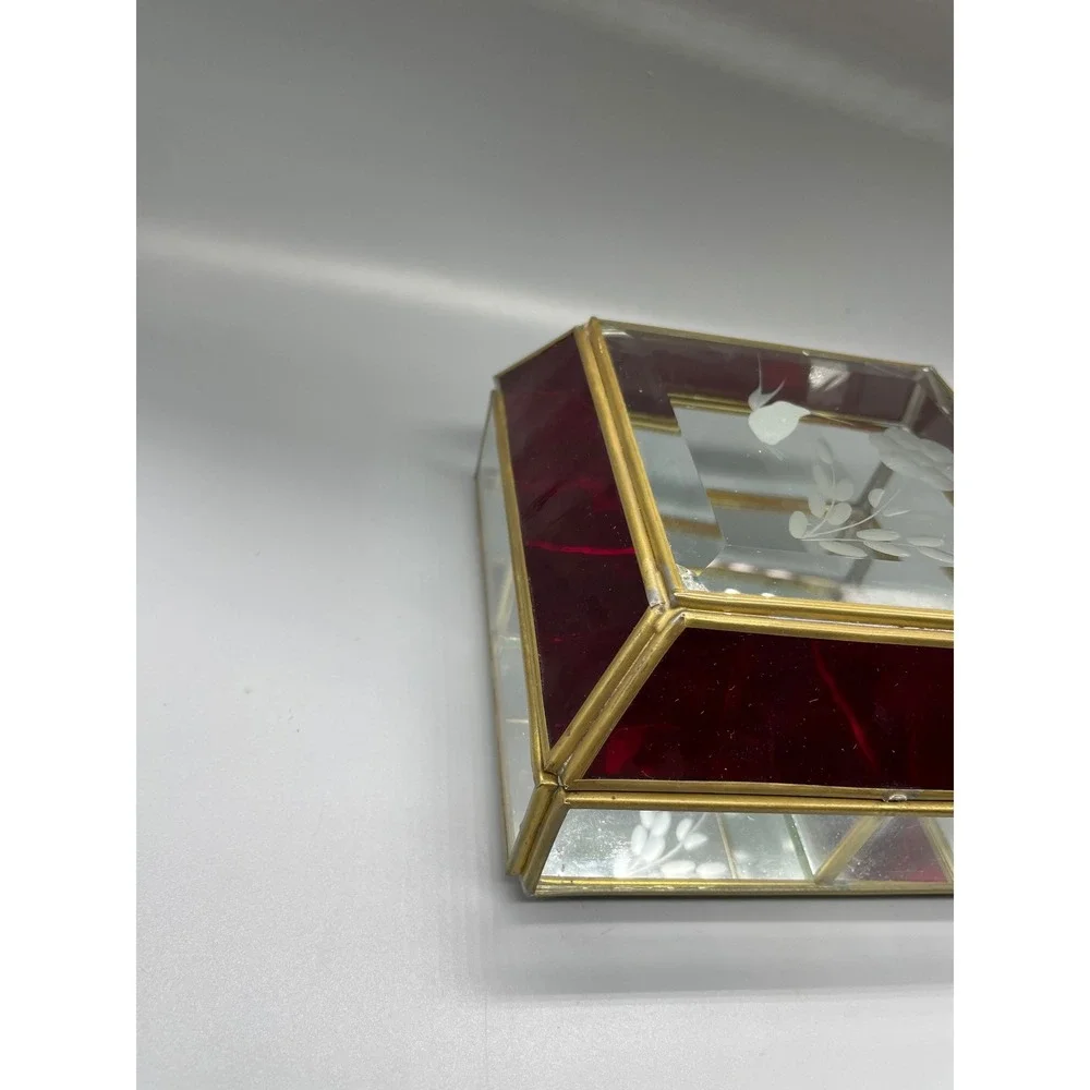 Vintage Red Stained Glass Brass Jewelry Box Etched‎ Hummingbird Floral Mirror